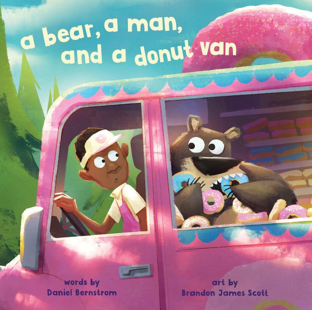 a bear, a man, and a donut van cover